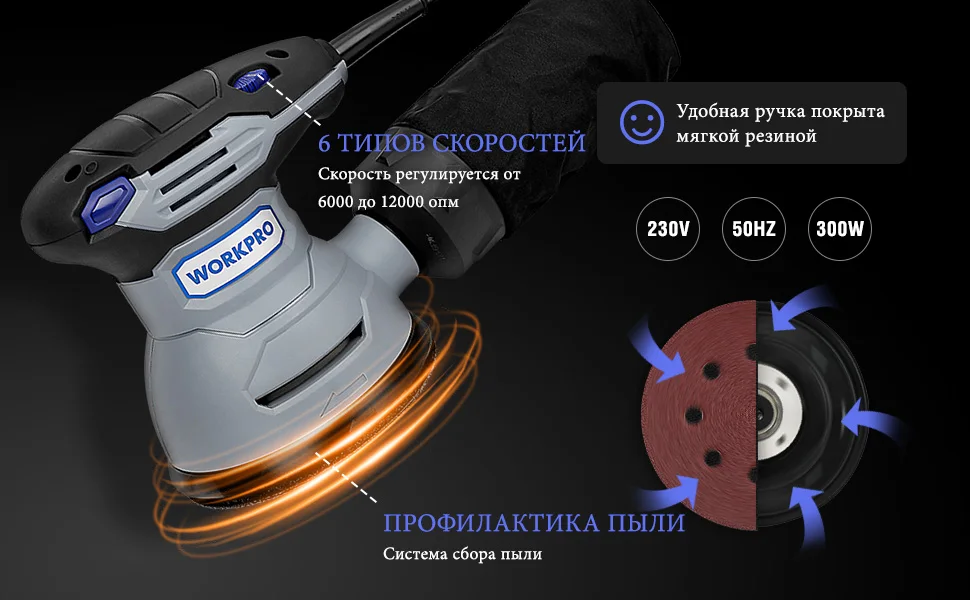 WORKPRO 300 Вт случайная шлифовальная машина с переменной скоростью случайная орбитальная шлифовальная машина с 10 шт. наждачной бумагой выхлоп пыли и гибридная Пылезащитная канистра