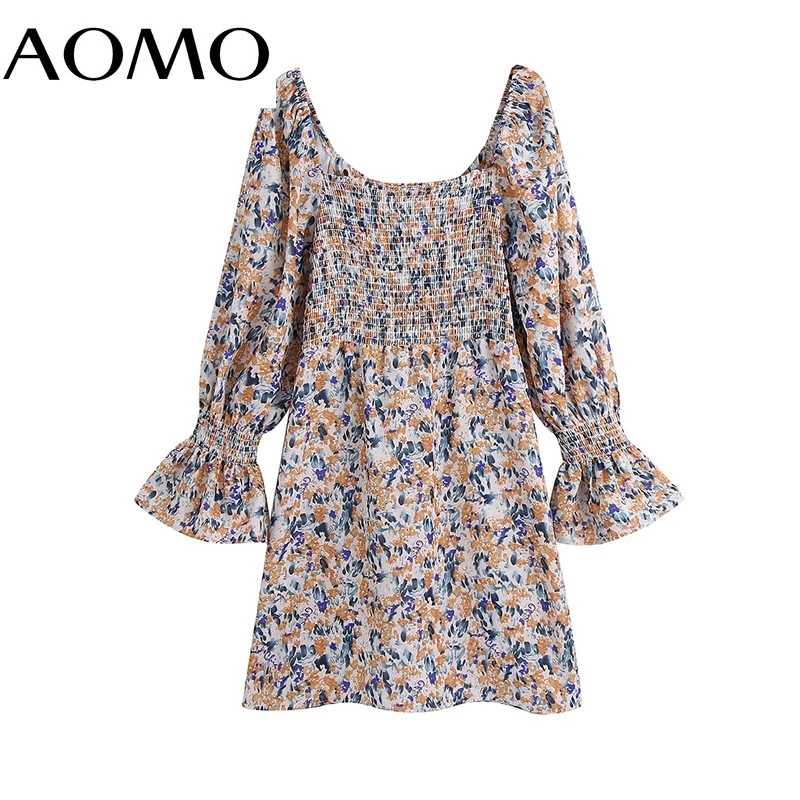 

AOMO 2021 Fashion Women Print Boho Style Dress Puff Long Sleeve V Neck Ladies Vintage Dress CE205A