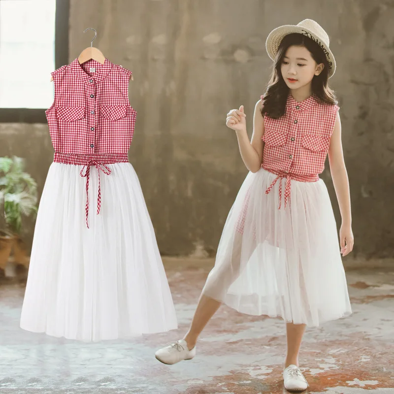 Детская одежда летний комплект одежды для девочек клетчатое платье + юбка
