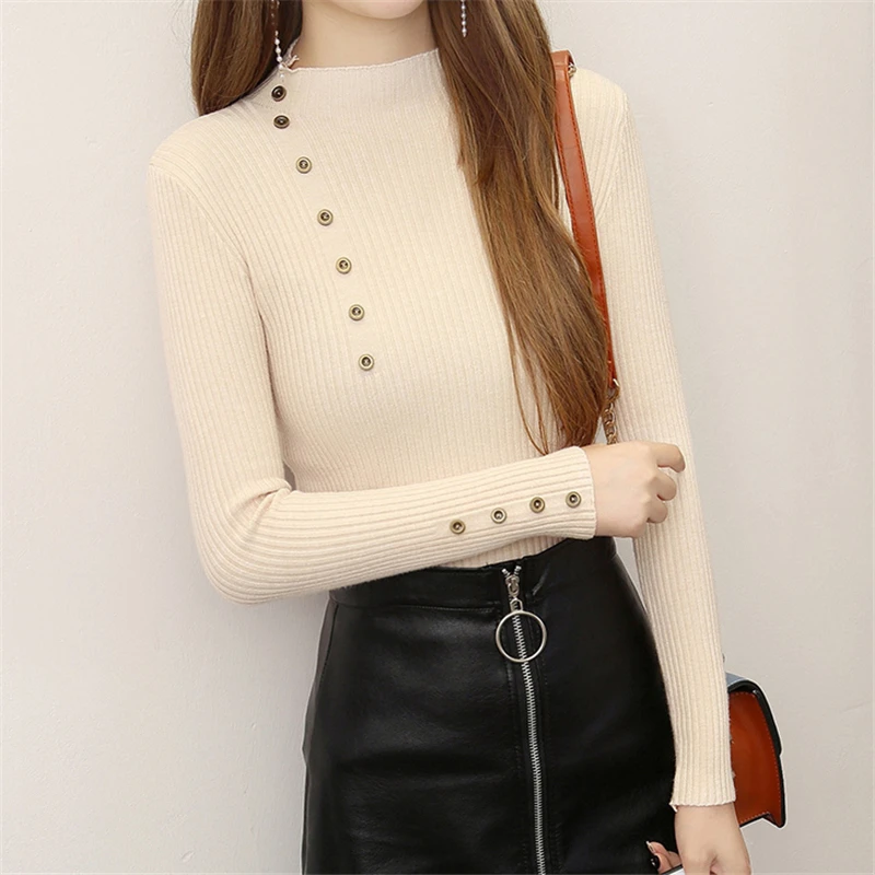 Женский Однотонный свитер, вязаный Повседневный Женский пуловер, водолазка, длинный рукав, кнопка, зимний теплый свитер, мягкие женские свитера - Цвет: Xing