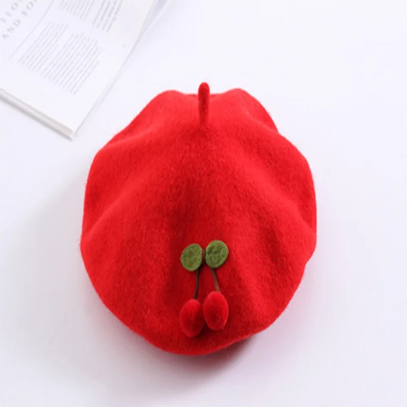 Cherry Beret  Children’s Child’s 2-6 Autumn Winter Warm Girl Pure Color Cute Japanese Style Handmade Fashion Painter Berets Kids Hats Headwear for Girls Toddlers in Red