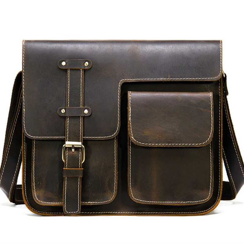

Men's Postman Leather Retro Fashion One-shoulder Messenger First Layer Leather Satchel Bag Polyester Interior Slot Pocket Buckle