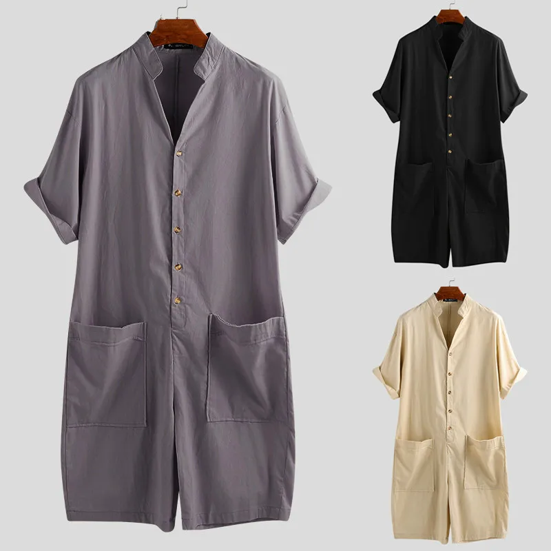 Летние свободные мужские комбинезоны из хлопка с коротким рукавом и пуговицами
