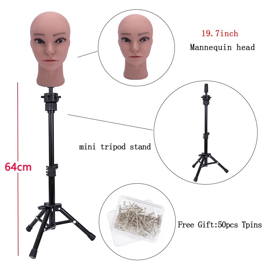 64cm Tripod Wig Stand With bald Mannequin Head Black mini Wig Stand Tripod With Bald Head Adjustable Tripod Wig Stand ,T-pins