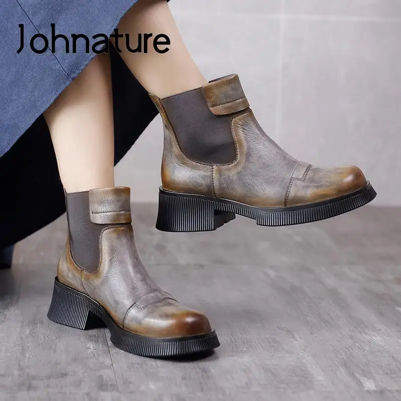 

Johnature Genuine Leather Retro Shoes Women Boots Elastic Band Round Toe 2022 New Winter Leisure Handmade Concise Platform Boots