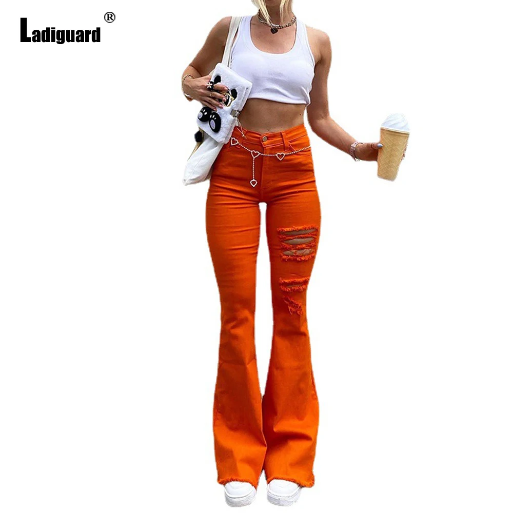 Ladiguard Sexy Fashion Women's Flare Jeans Demin Pants Boot Cut Denim Trouser 2021 Autumn New Shredded Hole Ripped Pencil Pants