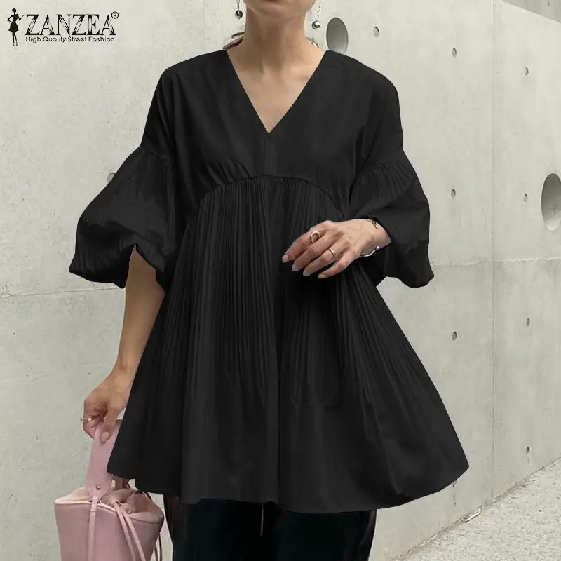 

ZANZEA Casual Summer Long Sleeve Pleated Tops Femme Streetwear T Shirt Blouse Clothing Women Fashion V Neck Baggy Solid Blase