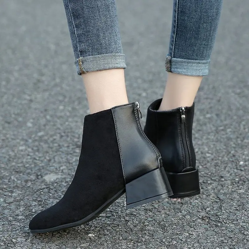 

Genuine winter british retro boots woman elegant chunky chelsea botines back zipper brief short botas 2020