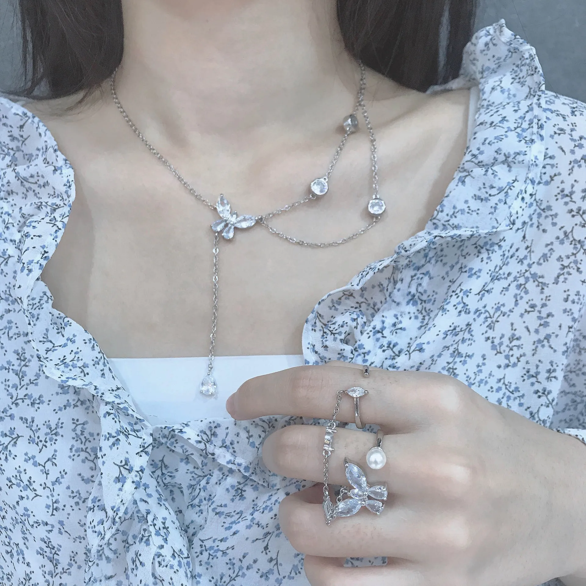 

2021 Sweet Simple Silver Color Water Drop Butterfly Irregular Zircon Ring Necklace Tassel Necklace Women's Party Jewelry