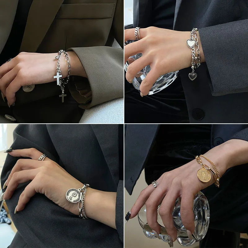 Браслет из золотых монет с двумя слоями креста, дизайн ниши 2021 года, простая студенческая парная ювелирная украшения.