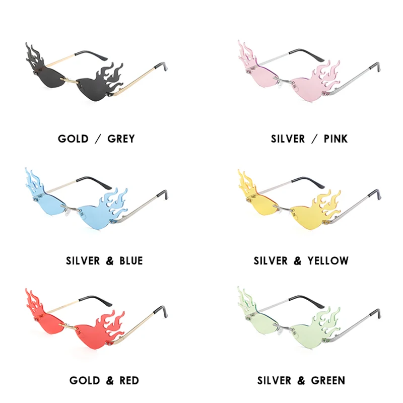 

Women Men Rimless Wave Sun Glasses New 2020 Fashion Fire Flame Sunglasses Eyewear Luxury Design Narrow Sunglass Shade Streetwear