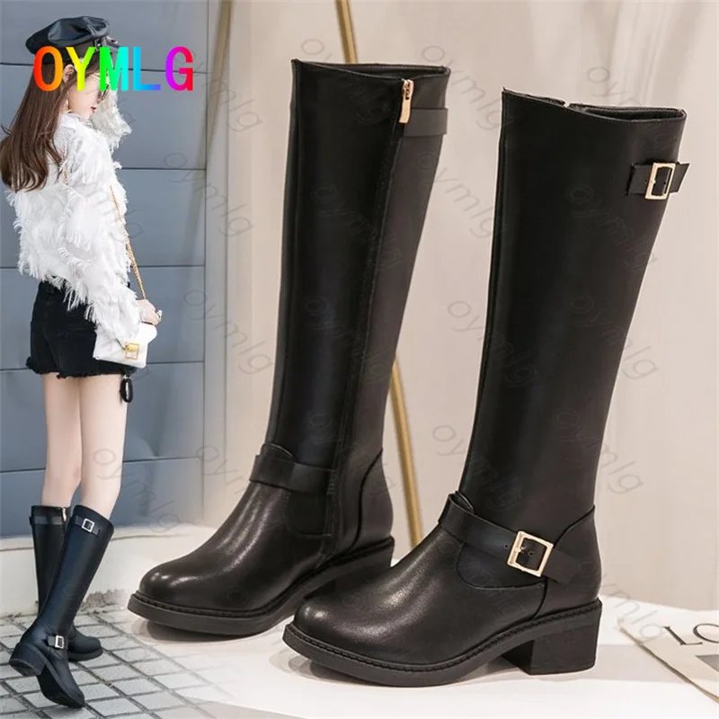 

Martin boots 2021 autumn new round head fashion belt buckle Korean version plus velvet thick side zipper women's leather boots