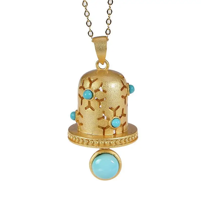 

Original New silver inlaid natural turquoise classic bell Pendant Necklace Chinese style retro hollow gilded women's jewelry