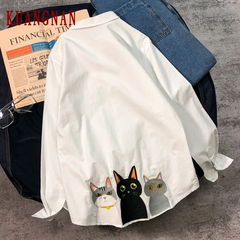 KUANGNAN Cat Вышивка белая рубашка мужские модные рубашки с длинным рукавом