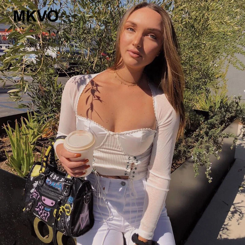 Женская Кружевная футболка с длинным рукавом и круглым вырезом двойным ремешком