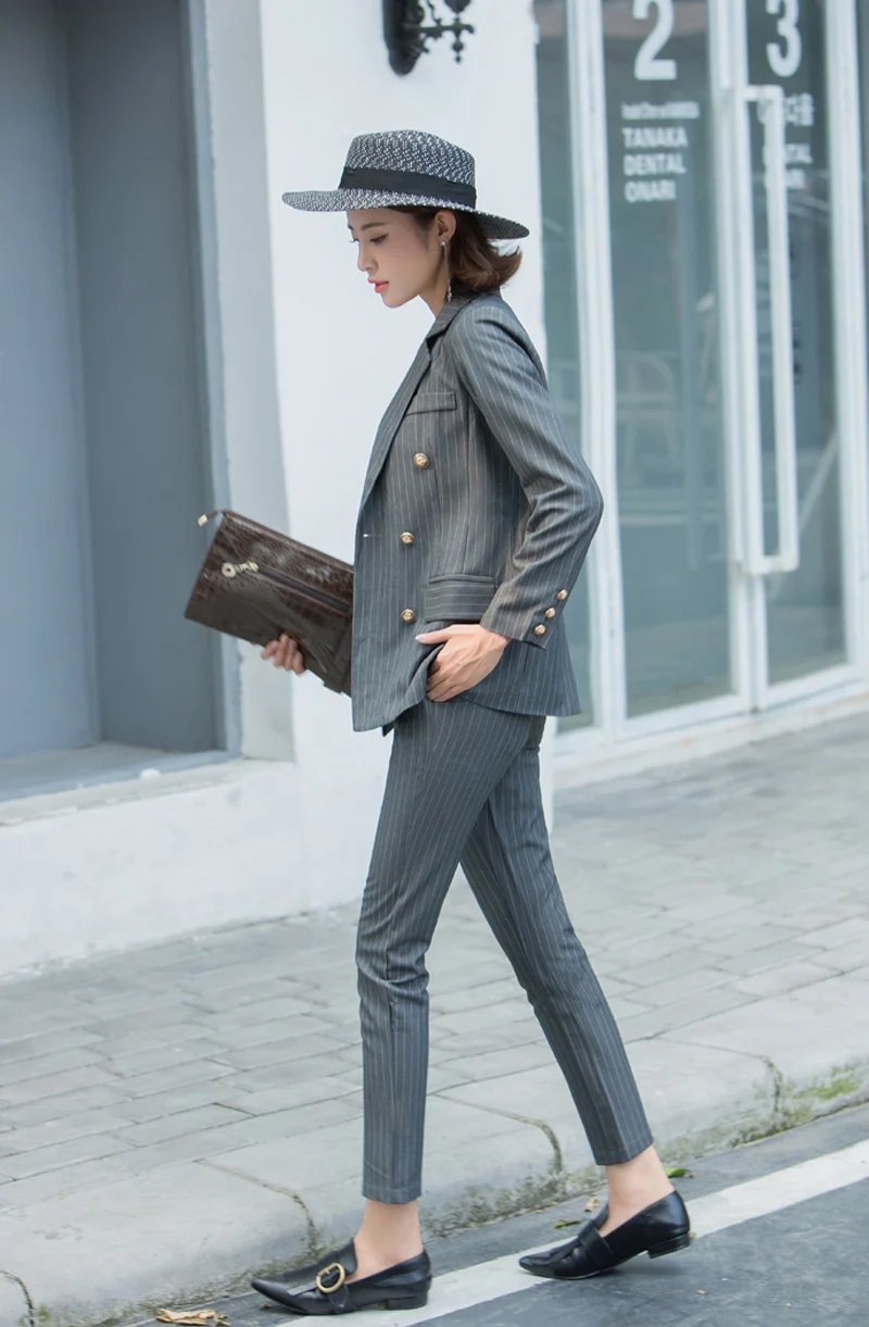 

Mozuleva Women Striped Pant Suits Office Lady Uniform Rivet Jacket Blazer & High Waist Ankle-Length Pant Femme Outfit