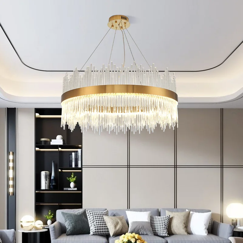 

2023 Modern Round Crystal Chandelier For Dining Room Rectangle Design Kitchen Island Lighting Fixtures Chrome LED Cristal Lustre