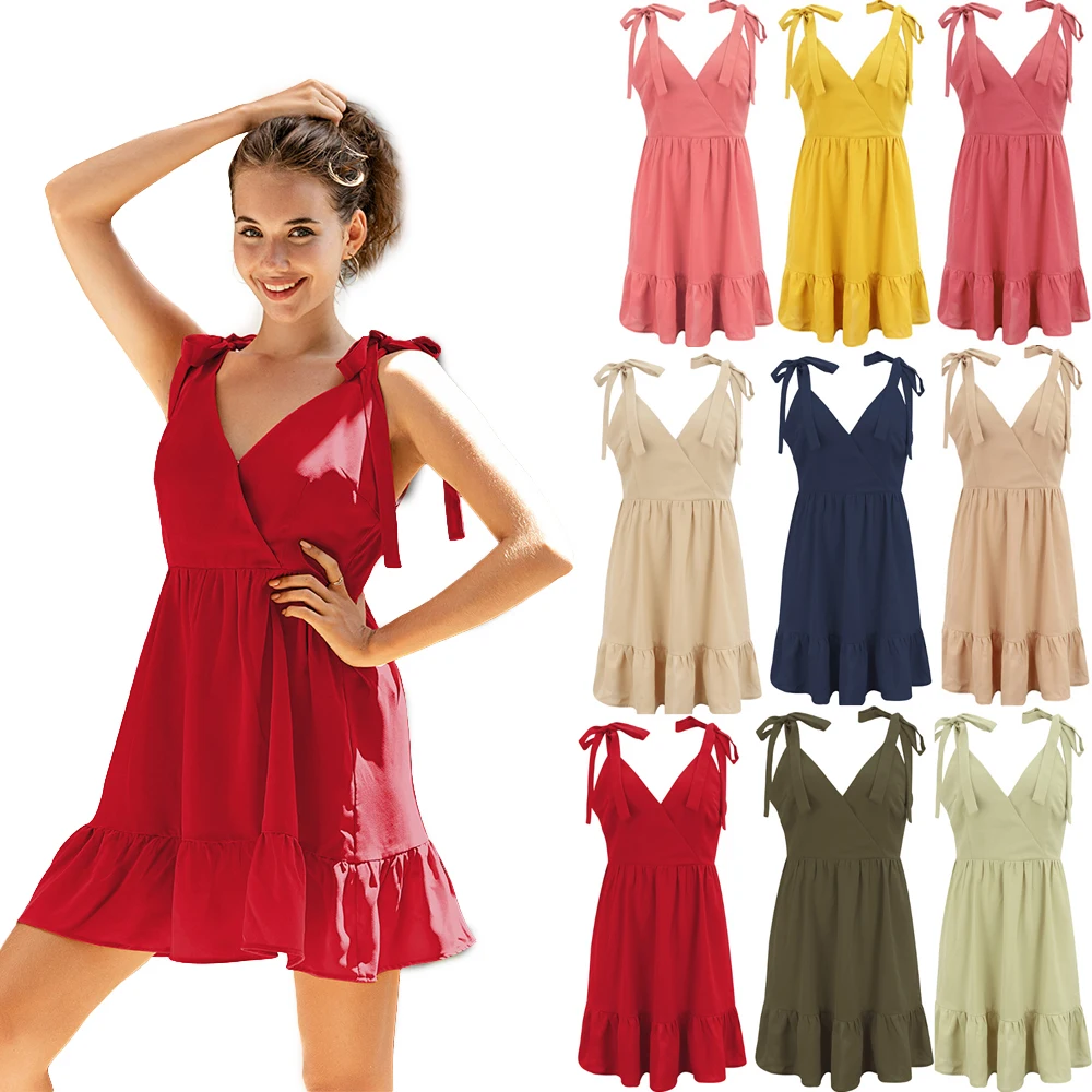 

Summer Beach Holidays Women Sexy V-neck Dress Sundress Skirt With Shoulder-straps Elegant Ladies Evening Party Dresses Club Wear