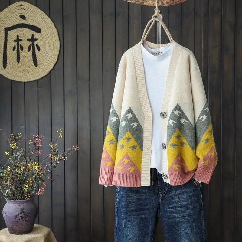 

Vintage Spring Autumnu patchwork jacquard Cardigan Coats Women's Casual Loose oversized knitted jackets printting Sweaters 2021