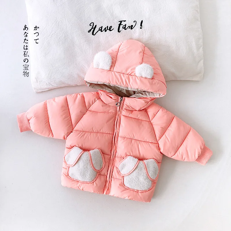 Pink Пуховики для маленьких девочек; зимняя одежда для новорожденных на молнии; плотное пальто с хлопковой подкладкой для малышей; однотонные теплые пальто с капюшоном - Цвет: Pink