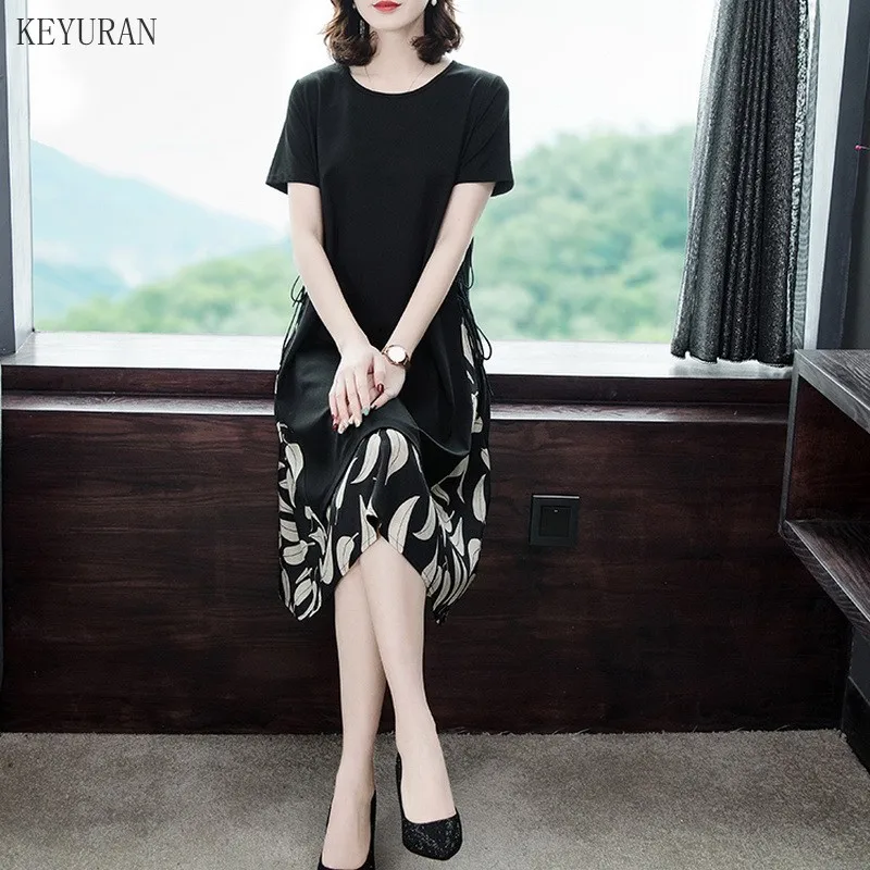 

2021 Spring Summer Oversize Chiffon Patchwork Print Dress Women Plus Size XL-5XL Ladies Robe Short Sleeve T-Shirt Dress Black