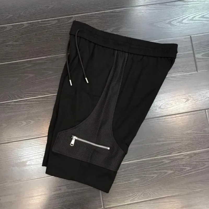 Summer New Black Shorts Men Double Zip Breathable Cotton Casual Sweatpants Elastic Waist Outdoor Beach Knee-Length Shorts Male