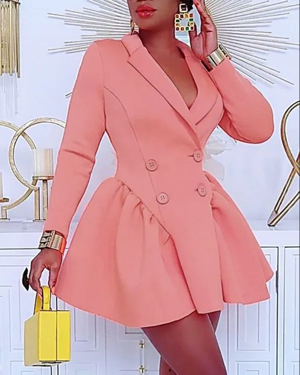 

Blazer Dress Women Long Sleeve Buttoned Ruched Mini Dress office lady