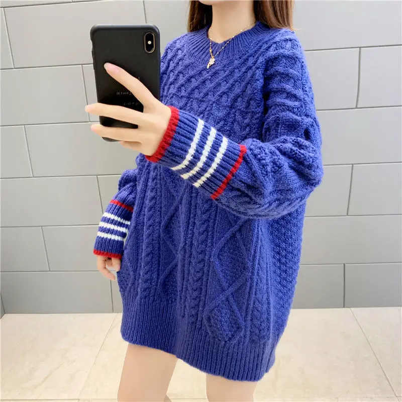 

Retro women's pullover twist sweater loose wear long lazy wind autumn winter thick sweater