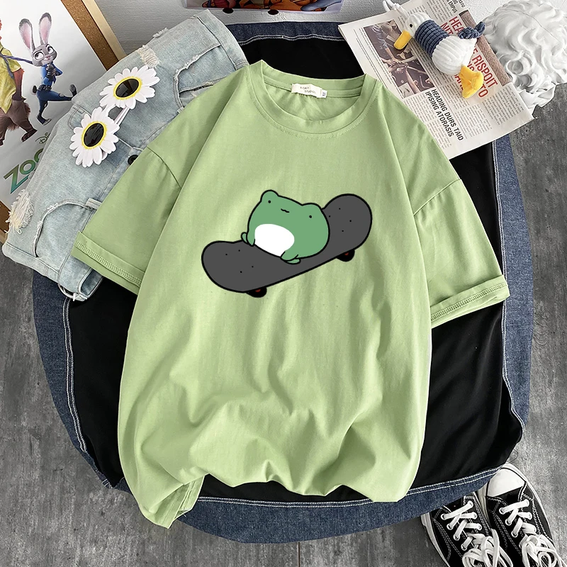 

Skateboard Frog Dinosaur Cute Graphic Tee Women Tshirt Green Aesthetic Oversized T Shirt Harajuku Casual Summer Tops