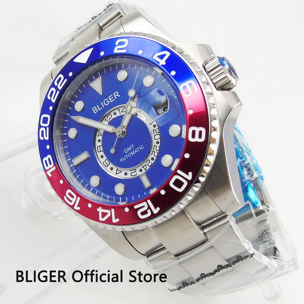 

Sapphire Crystal BLIGER 43MM Blue Dial GMT Indicator Blue Red Bezel Luminous Marks Automatic Movement Men's Watch Date Magnifier