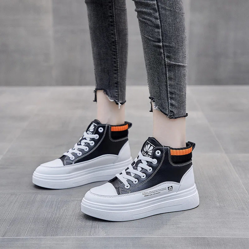 

2021 High Top Casual Shoes Women Autumn Flat Bottom Leather All-match Women's White Shoes Woman Shoes Leather Skateboard Sho