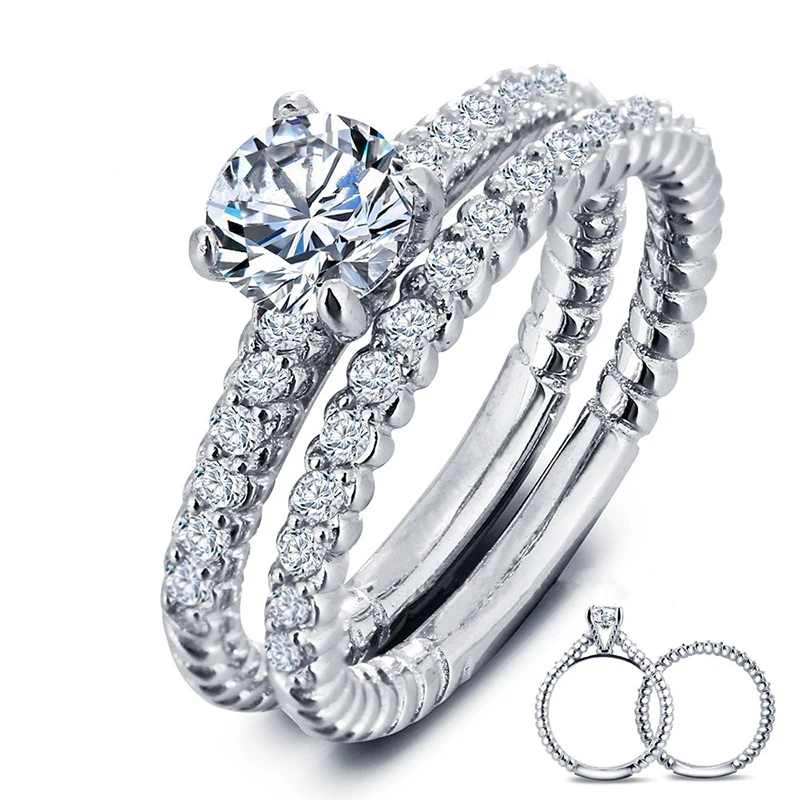 

Classic Round 6*6mm Crystal Rhinestones Ring Set For Women Jewelry Wedding Engagement Band Ring Gift