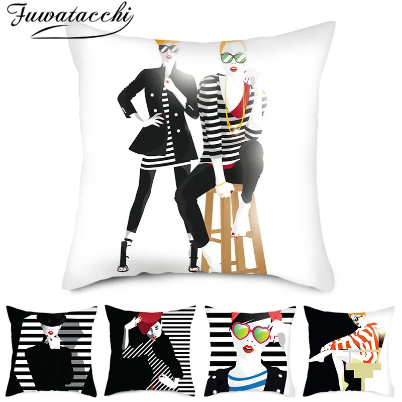 

Fuwatacchi Boy Cartoon Cushion Covers Dark Woman Pattern Pillow Cases Cotton for Bedroom Sofa Decorative Pillow Covers 45*45cm