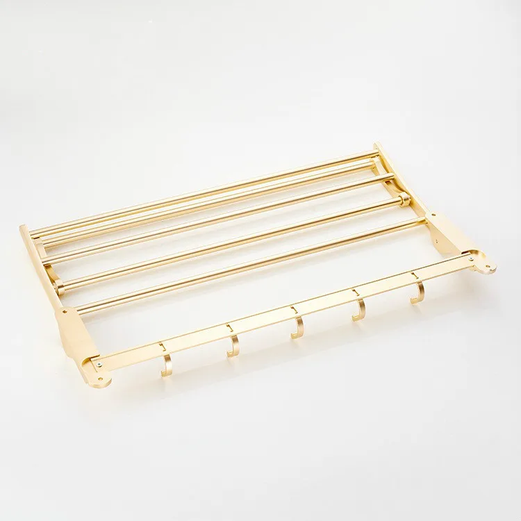 

Bathroom Towel Rack Storage Shelf Alumimum Toilet Wall Hangers Bathroom Double Layer New Style Foldable Gold Towel Bar