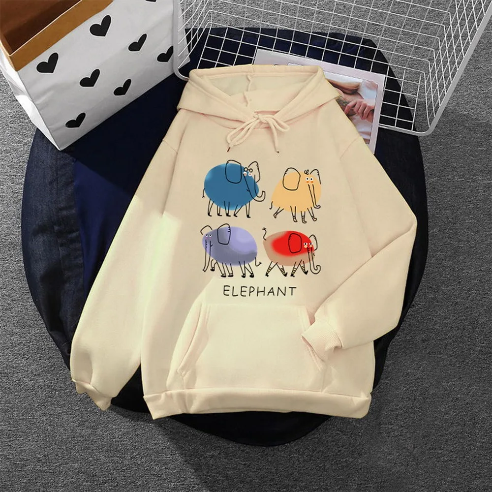 

Loose Large Front Pocket Sweatshirt Women's Elephant Printed Hoodies Funny Pattern Long Sleeve Top Hip Hop Streetwear pullovers