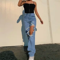 women ripped straight casual jeans high waist loose super stretch jeans 2021 fall mom street retro casual clothing