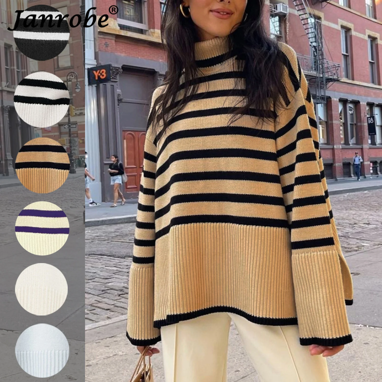 

Janrobe Women's Knitted Striped Loose Pullover Tops 2021 Fall Winter Long Sleeve Turtleneck Sweater Female Casual Jumper Outwear