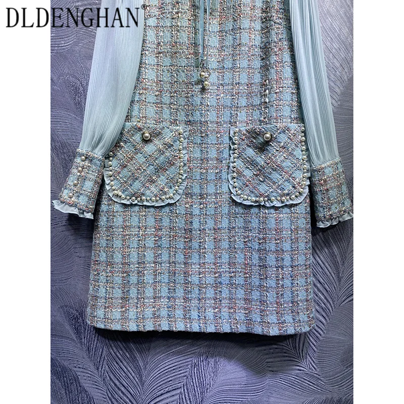 

DLDENGHAN Fashion Plaid Tweed Dress Women's Long Sleeve Patchwork Beading Stand Collar Mini Party Dresses Designer Autumn New