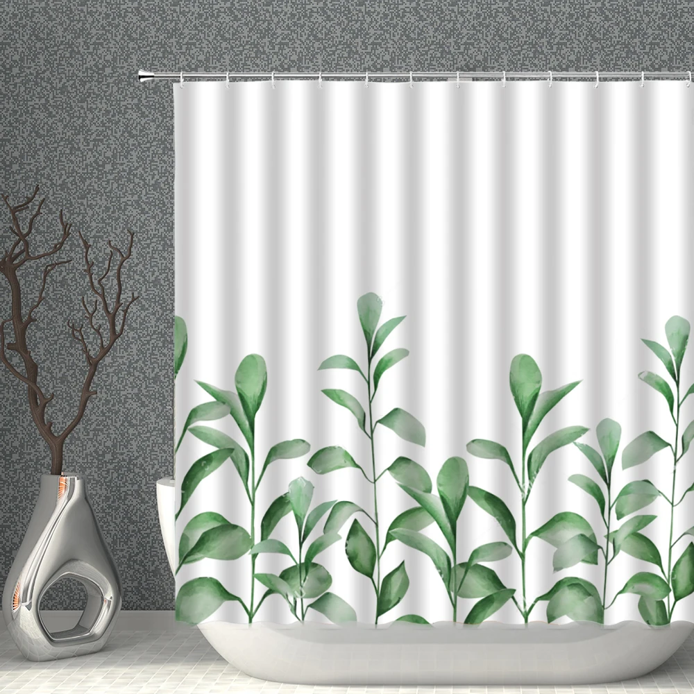 

Nordic Now Shower Curtain Green Plant Monstera Branch Bamboo Leaf Pattern Waterproof Polyester With Hooks Household Decoration