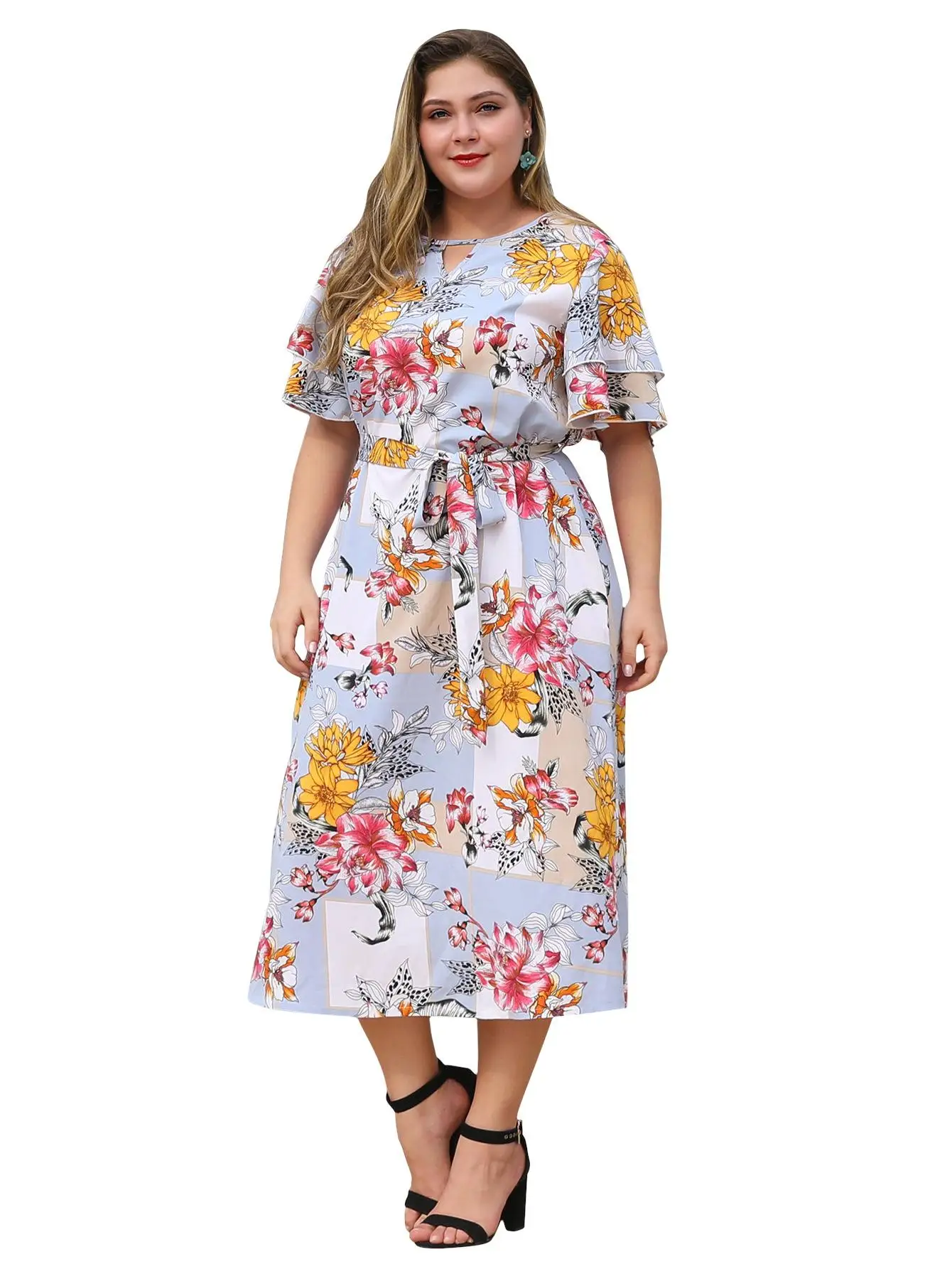 

Bohemian plus size summer dress floral holiday beach dress ruffles sleeve casual long dress big size women boho maxi dresses