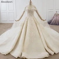 2021 off shoulder ball gown wedding dress with 200cm train shiny beads embroidery lace wedding gown bridal lace up back