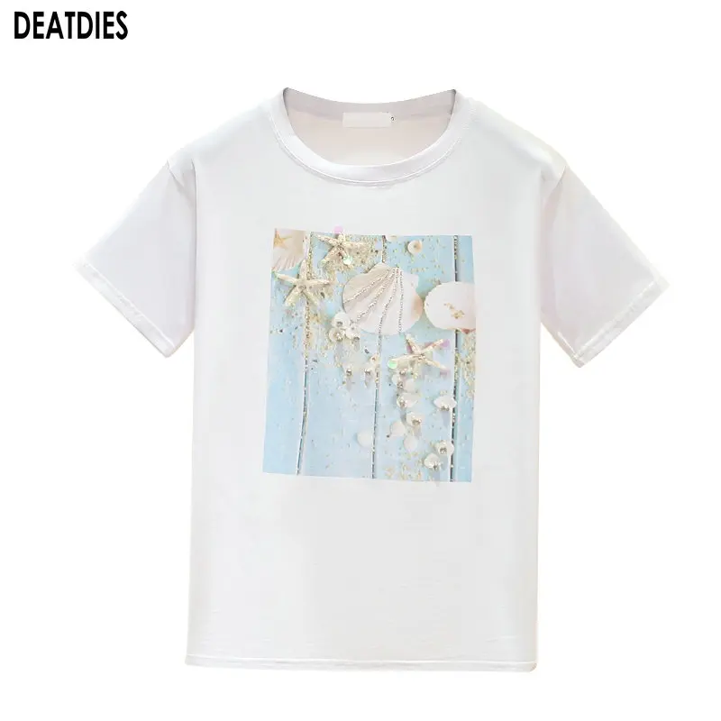 

2020 Summer New Arrival Beading O-Neck Tshirt White Cotton Plus Size Casual Tops Pink Solid Short Sleeve Funny T-shirts