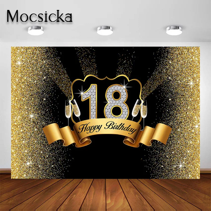 Mocsicka 18th фон для вечеринки на день рождения черный золотой блестящий праздничный
