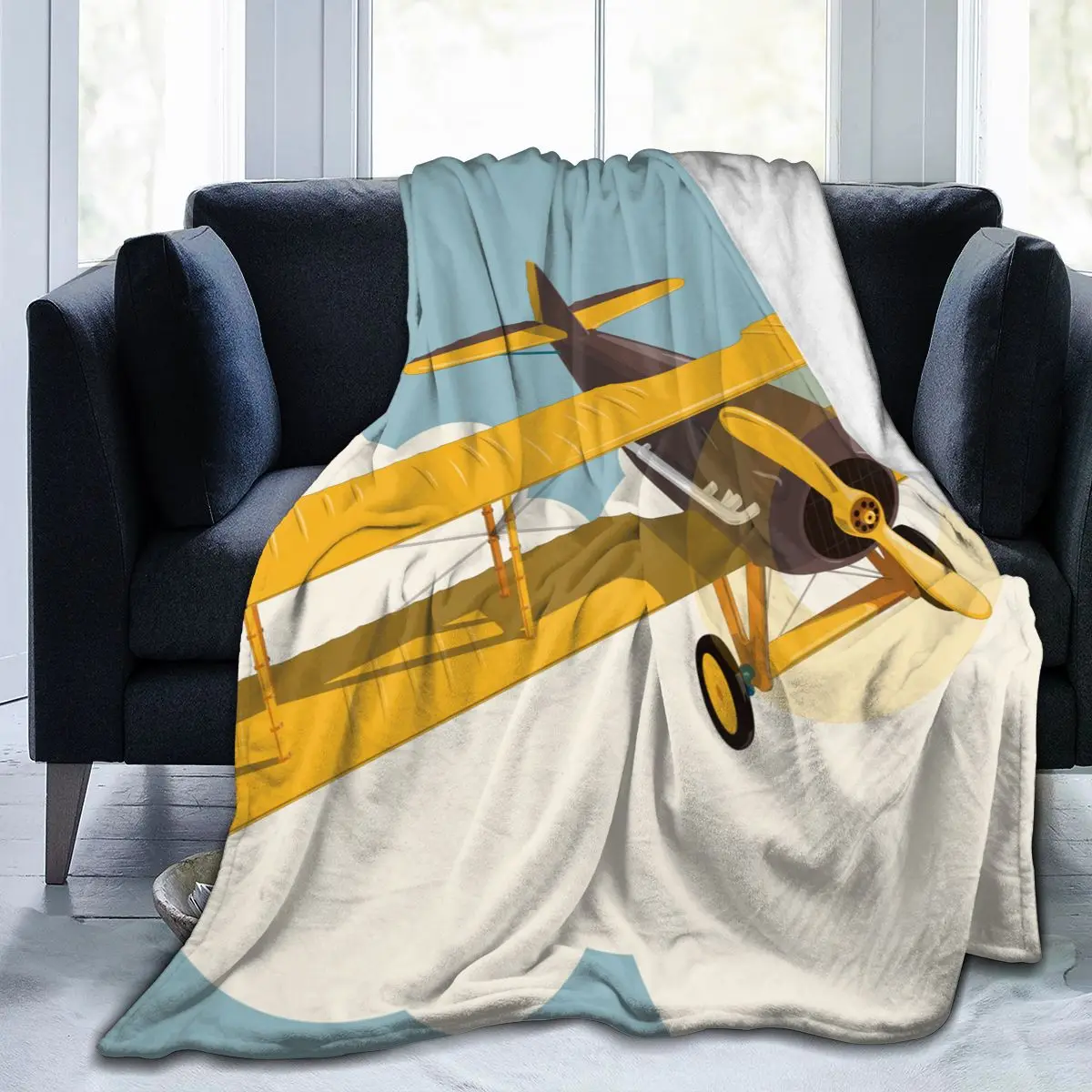 

Soft Flannel Blanket Vintage Yellow Plane Flying Over The Sky Retro Biplane Travel Portable Winter Throw Thin Bed Sofa Blanket