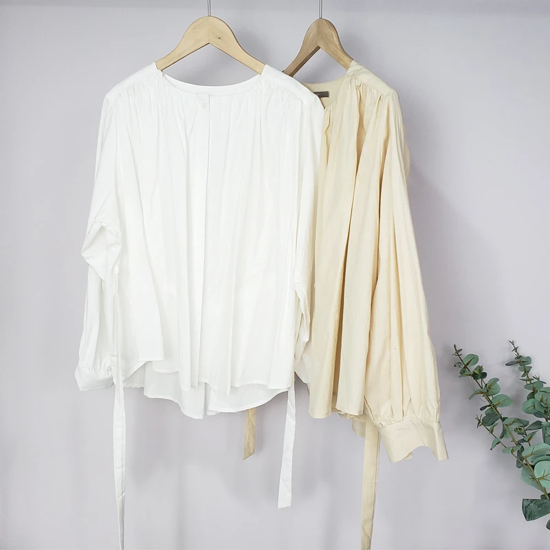 Блузка женская хлопковая с длинным рукавом и круглым вырезом | Женская одежда