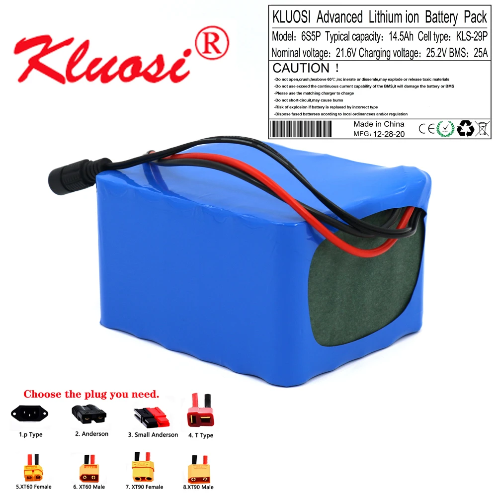 

KLUOSI 6S5P 24V 14.5Ah 21.6V 15Ah 25.2V Lithium Battery Pack with 25A BMS for Electric Bicycle Ebike Scooter Wheelchair Cropper