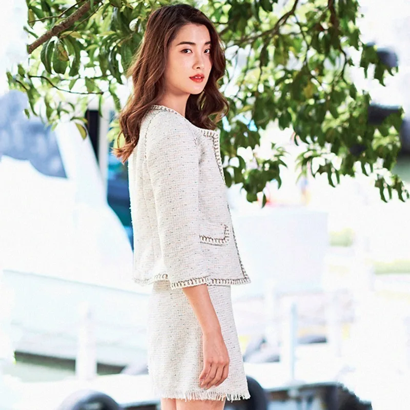 

New Autumn Winter Womens Tweed Sets Fashion Single Breasted Outerwear Short Skirts Suit Elegant Slim Fit Lady Two Piece Set