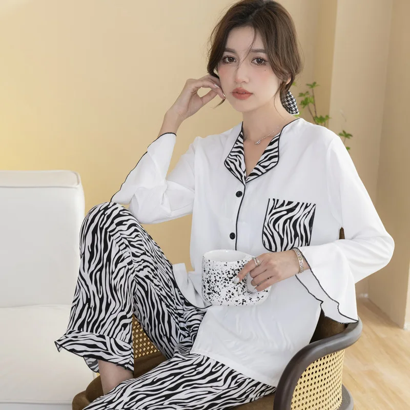 

Cotton Women's Pajamas Set Sleepwear Leopard Print Nightwear Long-sleeve Silky Sleepwear Two-piece Set Pjs Ladies Trousers Set