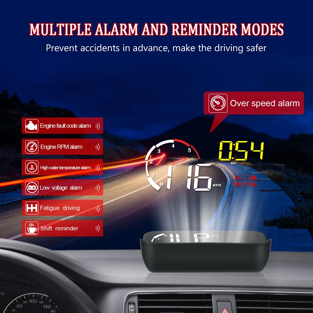

Car HUD Display Universal Multifunction Intelligent Alarm System M10 A100 Windshield Projector OBD2 Overspeed Warning