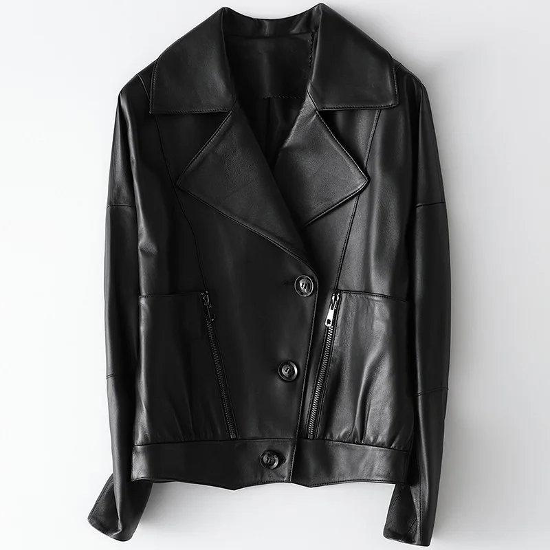 

Genuine female leather jacket, short jacket with a lapel, lambskin jacket for fall